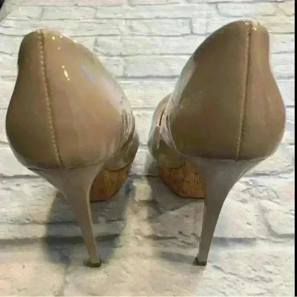 Zara Woman Nude Patent Leather Cork Platform Stiletto Pumps Heels 5.5 Inch Heel‎